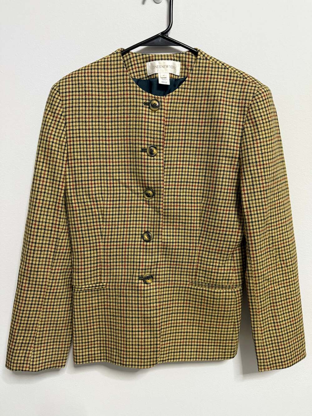 Jones New York M 8 Wool Blazer Jacket Coat Houndstooth Camel 100% Pure Wool
